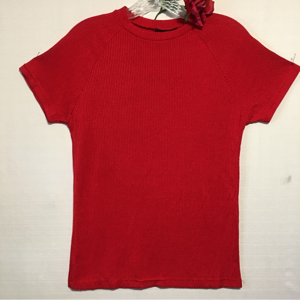 Vtg Ribbed sweater top Red knit crewneck Elee USA LG EUC